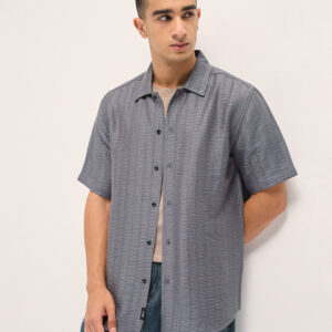 grey crinkled textured regular fit half sleeve casual shirt