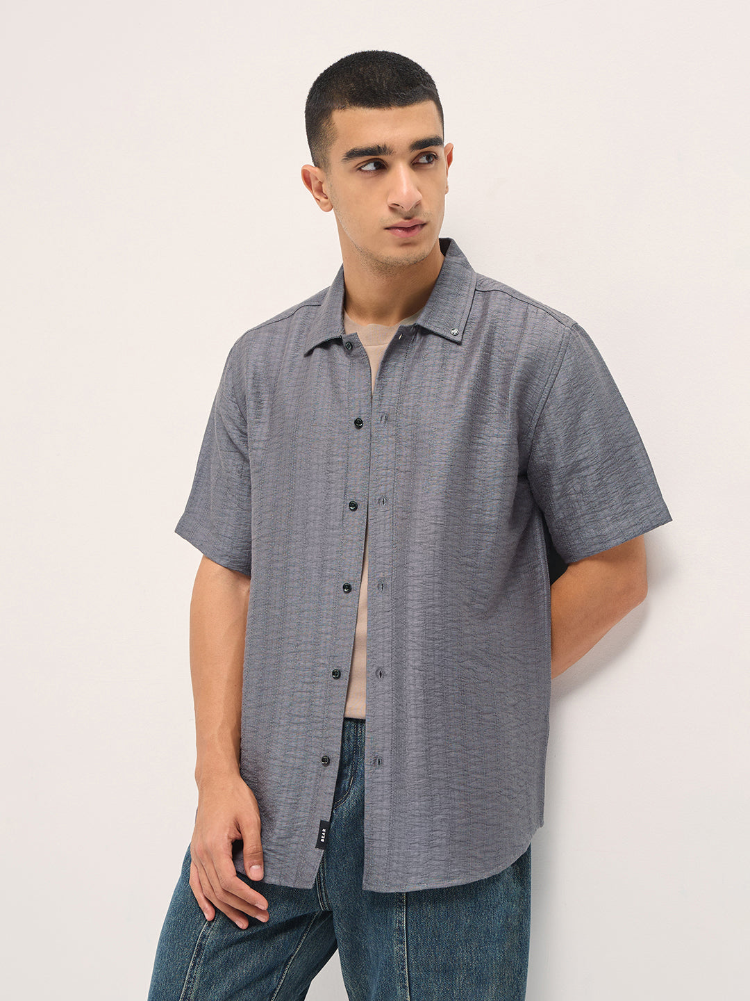 grey crinkled textured regular fit half sleeve casual shirt grey crinkled textured regular fit half sleeve casual shirt
