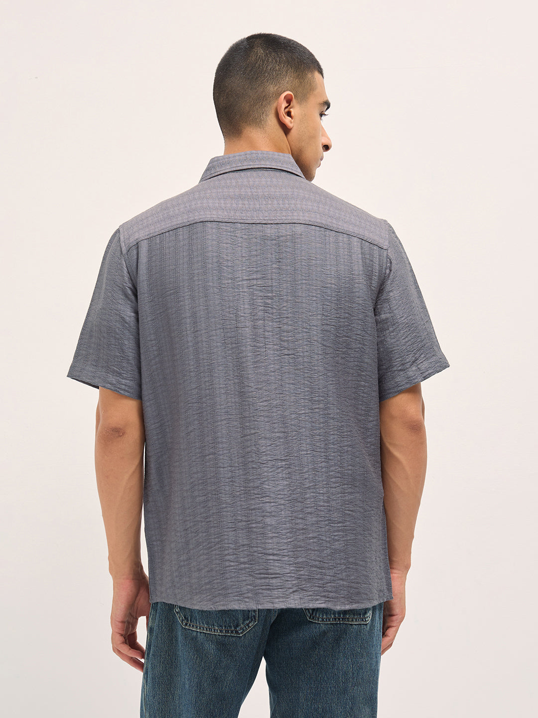 grey crinkled textured regular fit half sleeve casual shirt grey crinkled textured regular fit half sleeve casual shirt