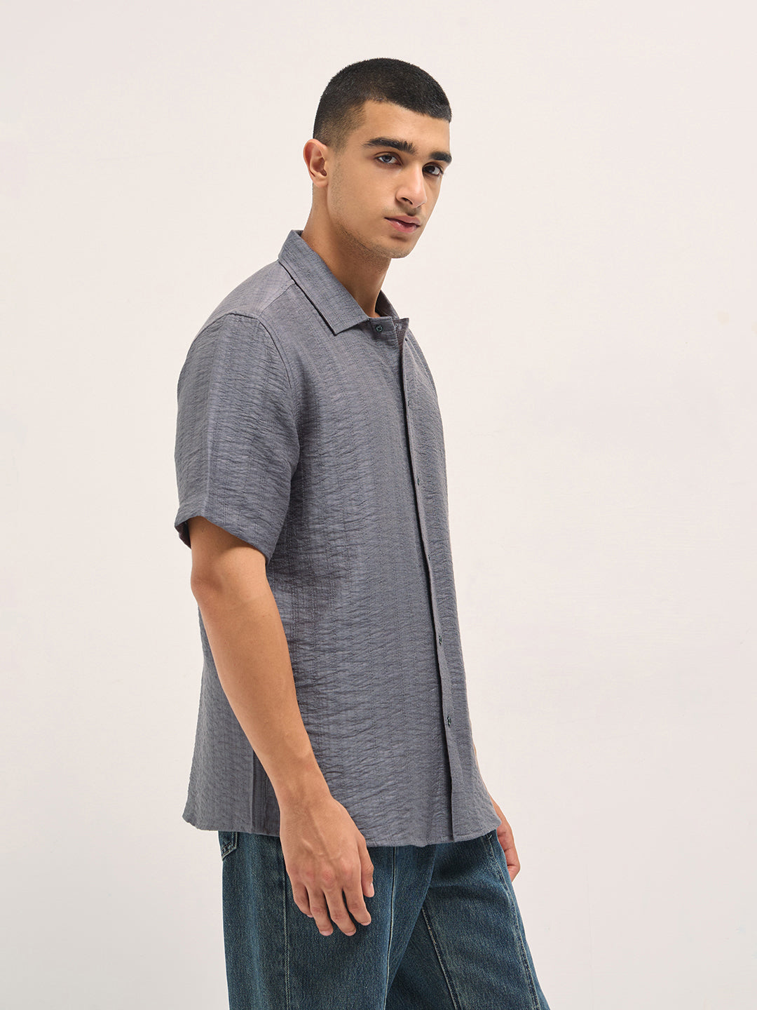grey crinkled textured regular fit half sleeve casual shirt grey crinkled textured regular fit half sleeve casual shirt