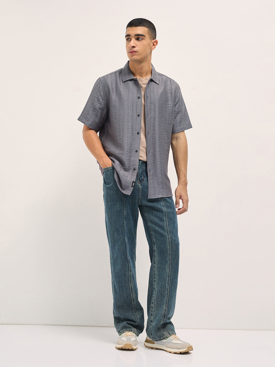 grey crinkled textured regular fit half sleeve casual shirt grey crinkled textured regular fit half sleeve casual shirt