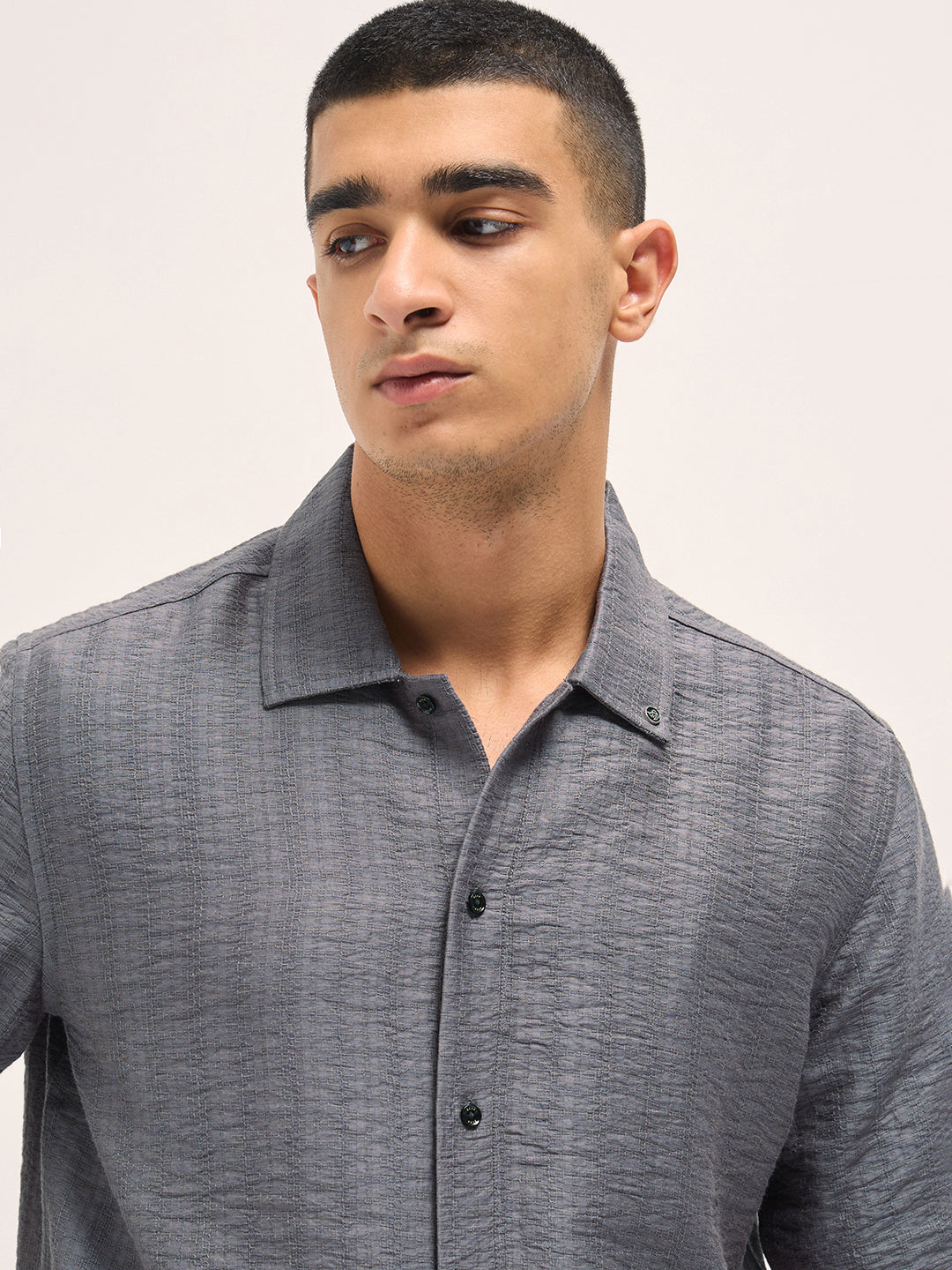 grey crinkled textured regular fit half sleeve casual shirt grey crinkled textured regular fit half sleeve casual shirt