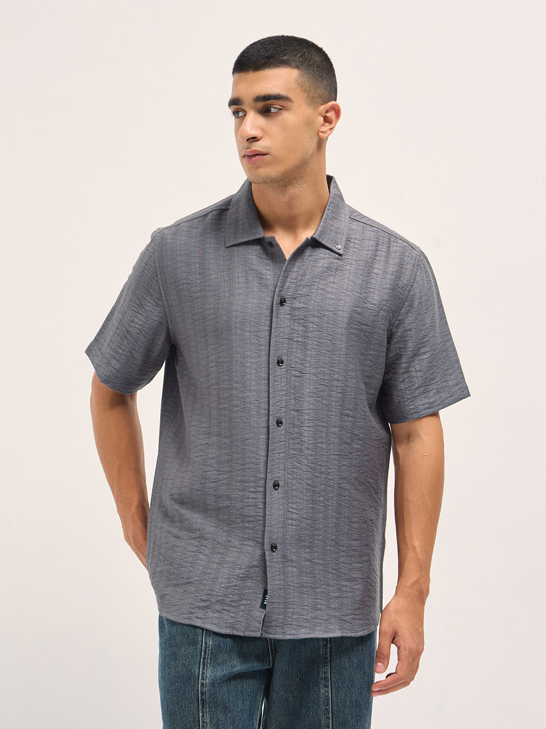 grey crinkled textured regular fit half sleeve casual shirt grey crinkled textured regular fit half sleeve casual shirt