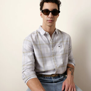 grey & white checked flannel regular fit casual shirt