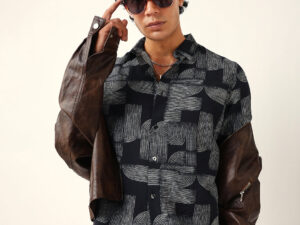 black & white geometric printed regular fit casual shirt