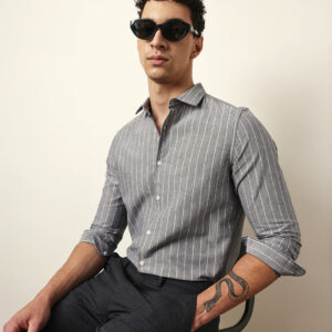 grey vertical woven stripe slim fit casual shirt