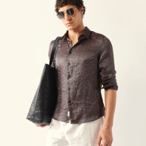 grey regular fit casual shirt with crinkle effect & subtle sheen finish