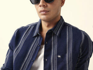 blue vertical woven stripe slim fit casual shirt