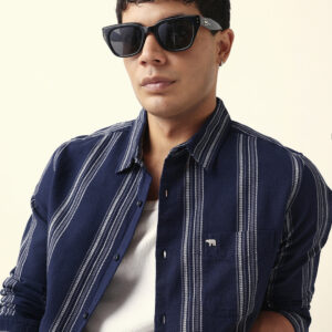blue vertical woven stripe slim fit casual shirt
