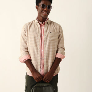 beige woven micro check textured slim fit casual shirt