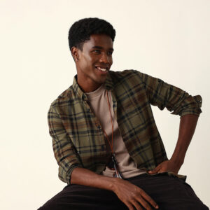 olive woven tartan checked slim fit casual shirt