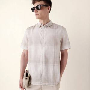 cream geometric check print relaxed fit casual shirt