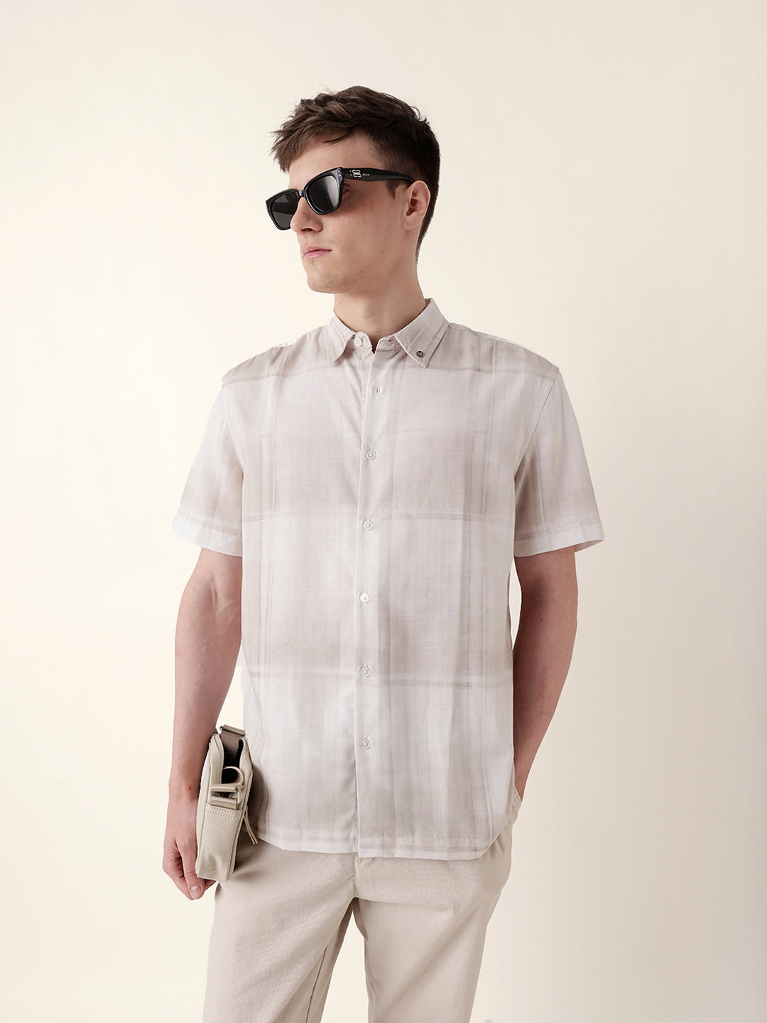 cream geometric check print relaxed fit casual shirt cream geometric check print relaxed fit casual shirt