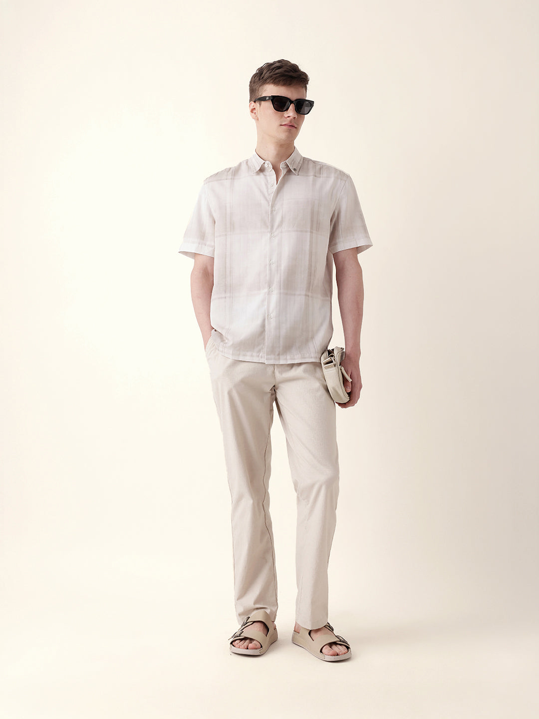 cream geometric check print relaxed fit casual shirt cream geometric check print relaxed fit casual shirt