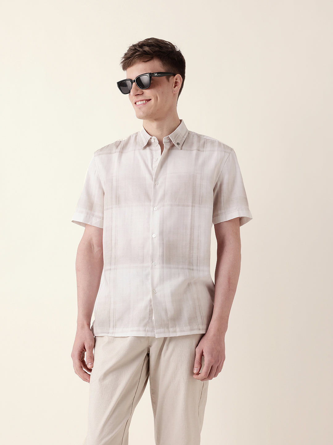 cream geometric check print relaxed fit casual shirt cream geometric check print relaxed fit casual shirt