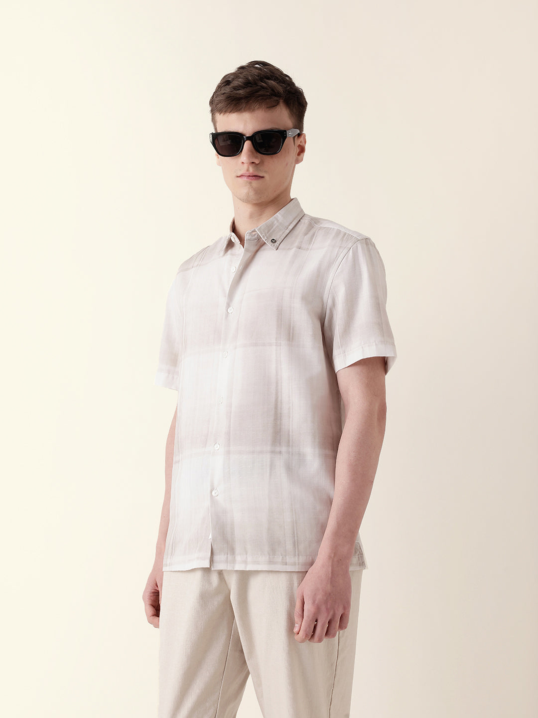 cream geometric check print relaxed fit casual shirt cream geometric check print relaxed fit casual shirt