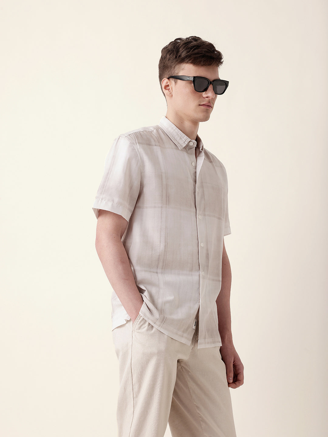 cream geometric check print relaxed fit casual shirt cream geometric check print relaxed fit casual shirt