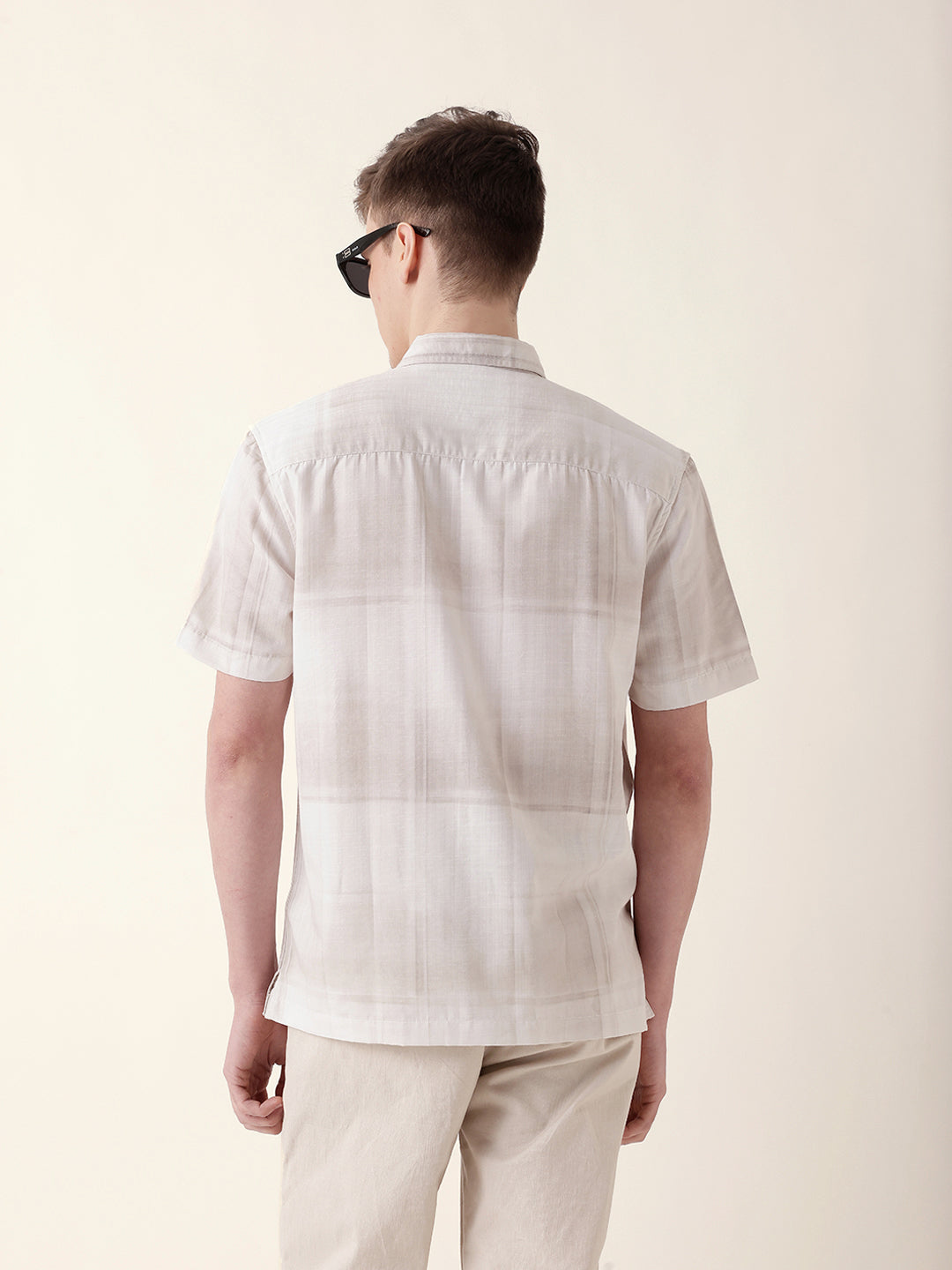 cream geometric check print relaxed fit casual shirt cream geometric check print relaxed fit casual shirt