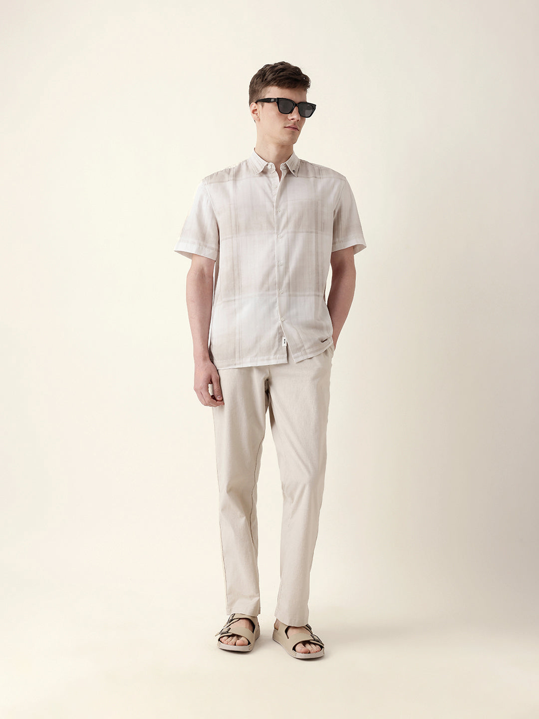 cream geometric check print relaxed fit casual shirt cream geometric check print relaxed fit casual shirt