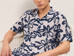 blue floral motif print relaxed fit half sleeve casual shirt