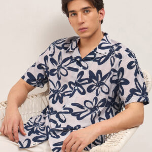 blue floral motif print relaxed fit half sleeve casual shirt