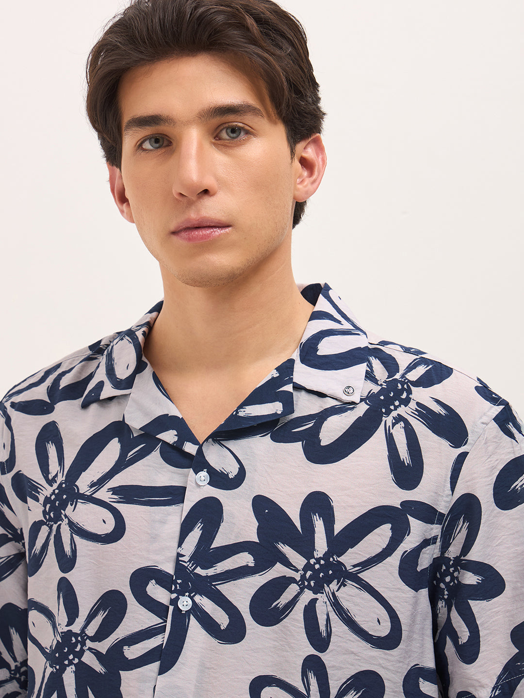 blue floral motif print relaxed fit half sleeve casual shirt blue floral motif print relaxed fit half sleeve casual shirt