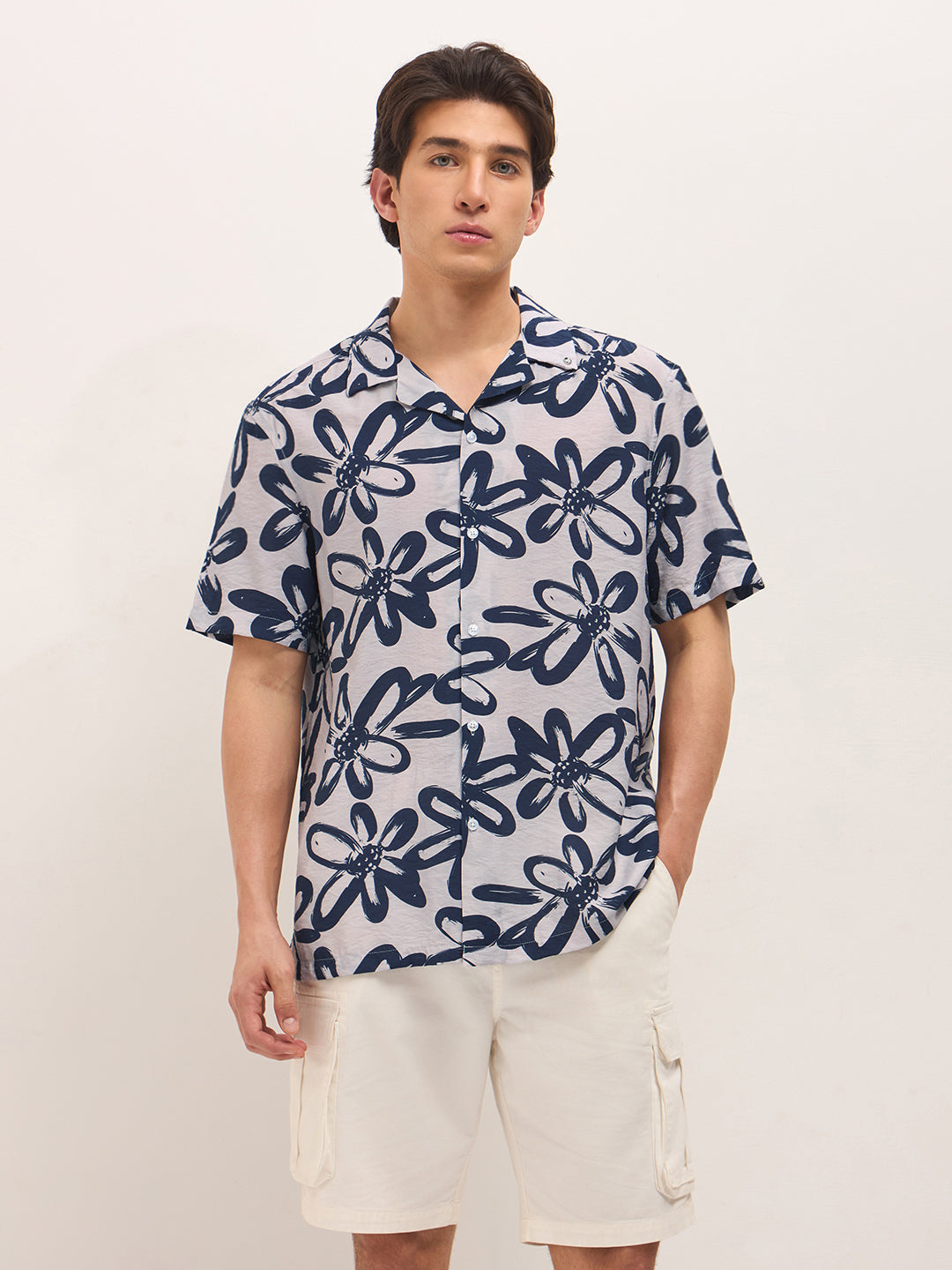 blue floral motif print relaxed fit half sleeve casual shirt blue floral motif print relaxed fit half sleeve casual shirt