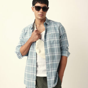teal woven tartan checked slim fit casual shirt
