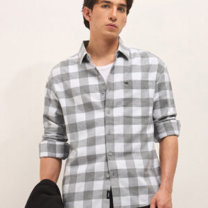 grey & white woven block checks flannel relaxed fit casual shirt