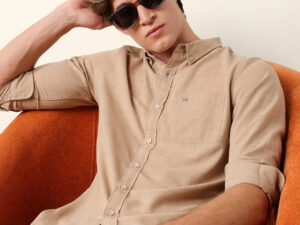 beige slub textured woven slim fit casual shirt