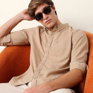 beige slub textured woven slim fit casual shirt