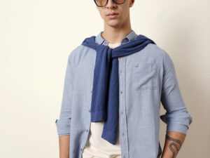 blue slub textured woven slim fit casual shirt