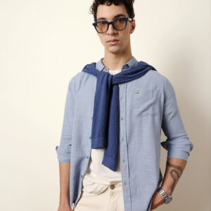 blue slub textured woven slim fit casual shirt