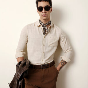 cream slub textured woven slim fit casual shirt