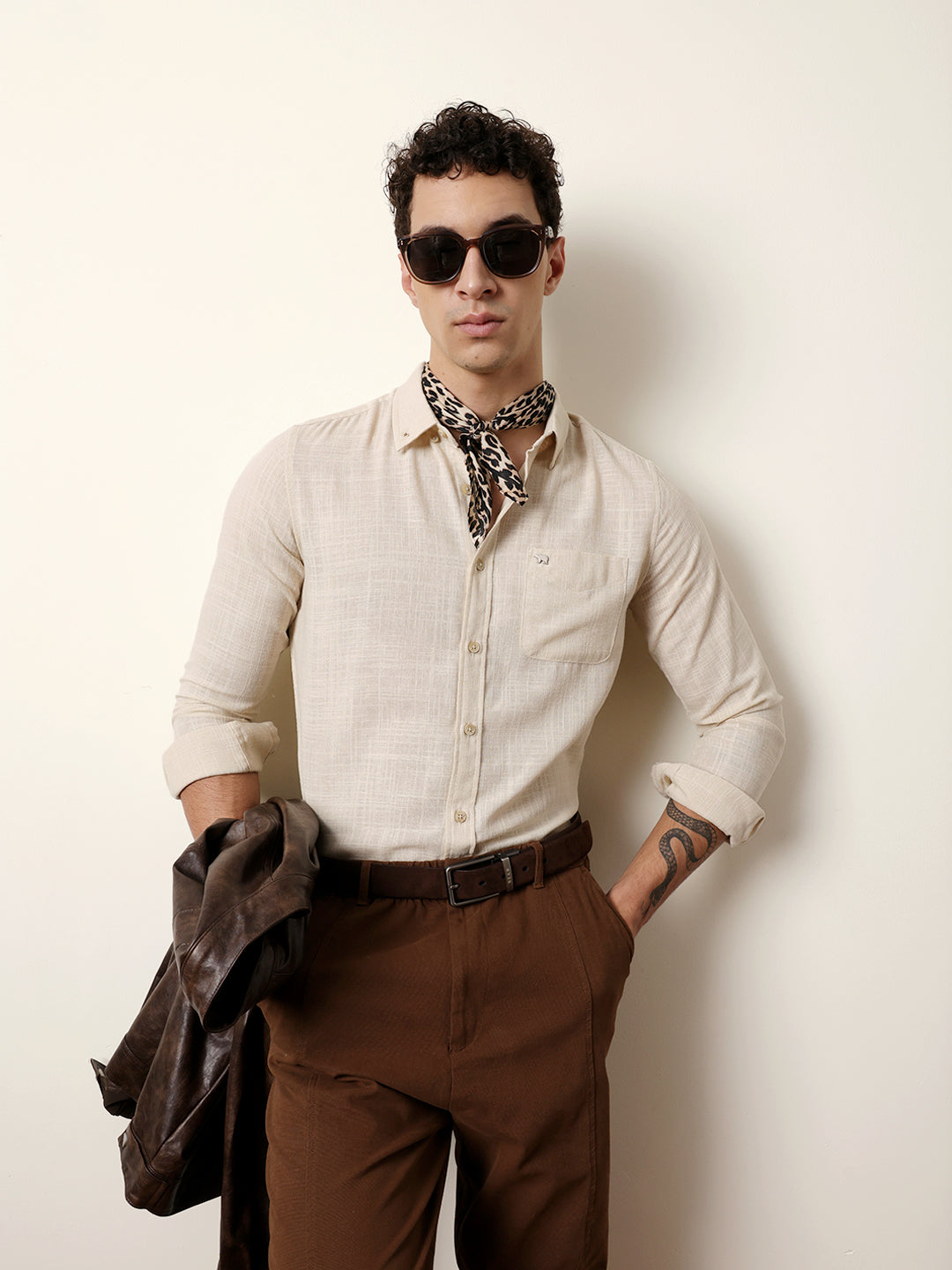 cream slub textured woven slim fit casual shirt cream slub textured woven slim fit casual shirt