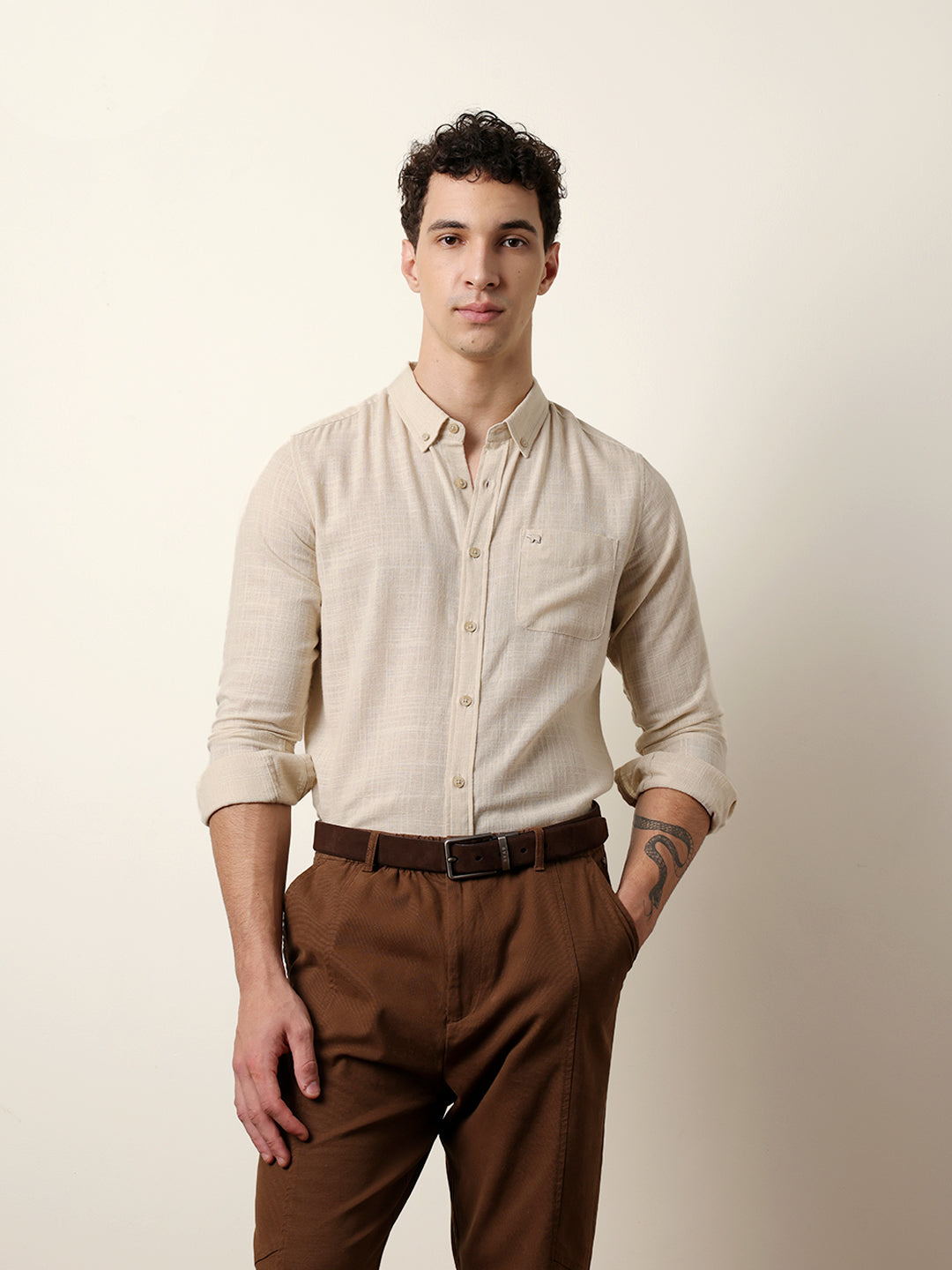 cream slub textured woven slim fit casual shirt cream slub textured woven slim fit casual shirt