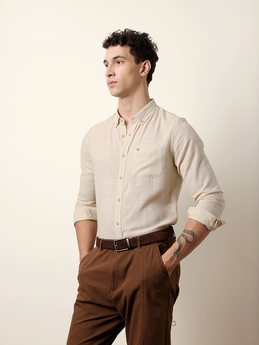 cream slub textured woven slim fit casual shirt cream slub textured woven slim fit casual shirt