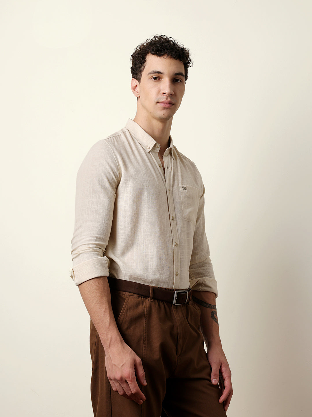 cream slub textured woven slim fit casual shirt cream slub textured woven slim fit casual shirt