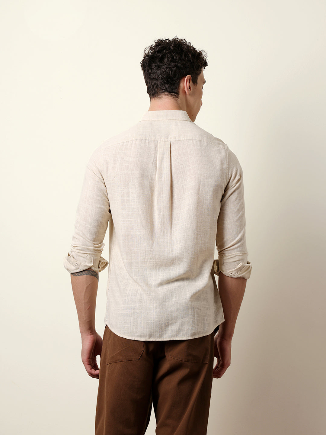 cream slub textured woven slim fit casual shirt cream slub textured woven slim fit casual shirt