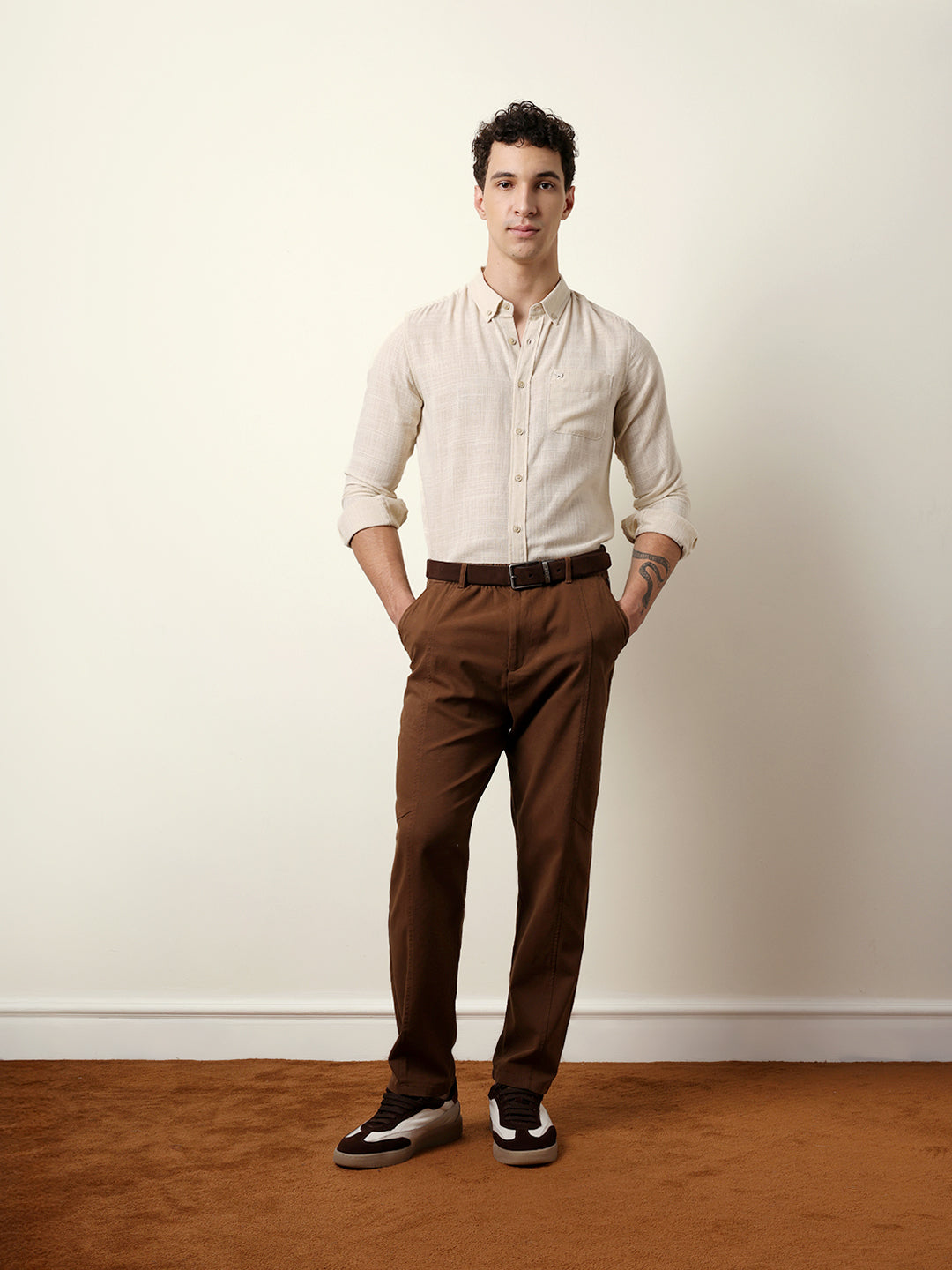 cream slub textured woven slim fit casual shirt cream slub textured woven slim fit casual shirt
