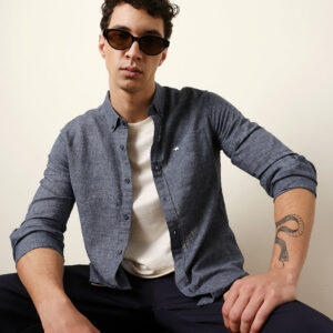 dark blue slub textured woven slim fit casual shirt