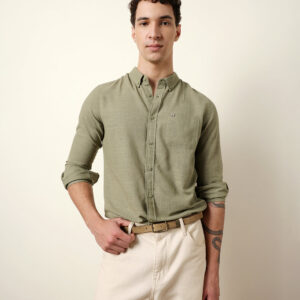 green slub textured woven slim fit casual shirt