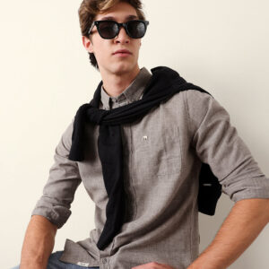 grey slub textured woven slim fit casual shirt