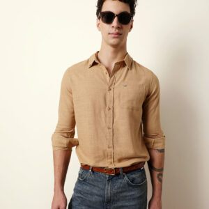 mustard slub textured woven slim fit casual shirt