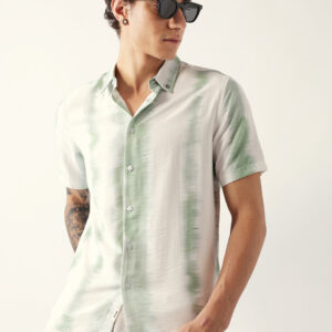 white & green vertical brushstroke print regular fit casual shirt