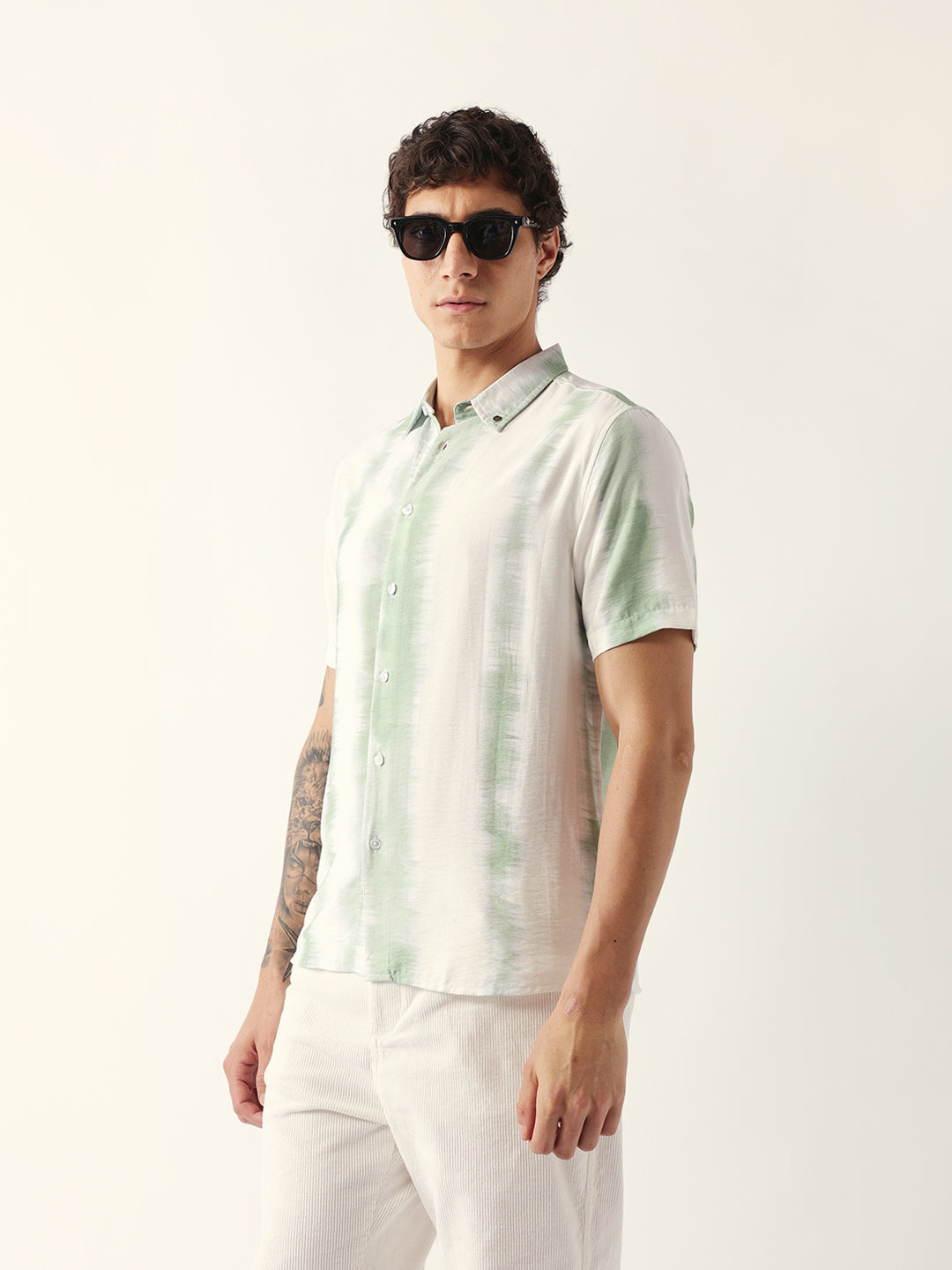 white & green vertical brushstroke print regular fit casual shirt white & green vertical brushstroke print regular fit casual shirt