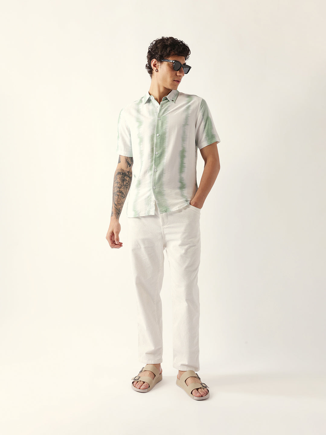 white & green vertical brushstroke print regular fit casual shirt white & green vertical brushstroke print regular fit casual shirt