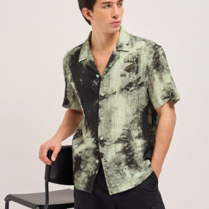 green viscose abstract print relaxed fit cuban collar shirt