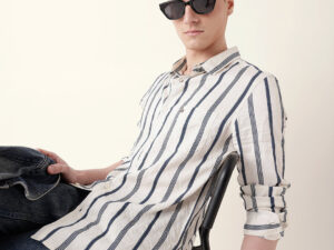 blue & cream vertical woven stripe slim fit casual shirt