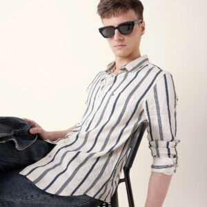 blue & cream vertical woven stripe slim fit casual shirt